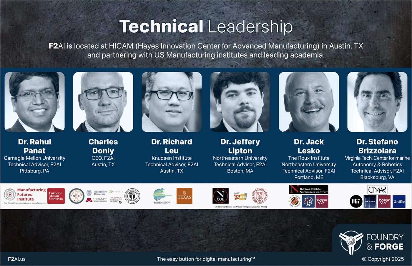 F2AI Technical Advisory Board: Dr. Rahul Panat (Carnegie Mellon University), Charles Donly (CEO, F2AI), Dr. Richard Leu (Knudsen Institute), Dr. Jeffery Lipton (Northeastern University), Dr. Jack Lesko (The Roux Institute, Northeastern University), and Dr. Stefano Brizzolara (Center for Marine Autonomy & Robotics, Virginia Tech)